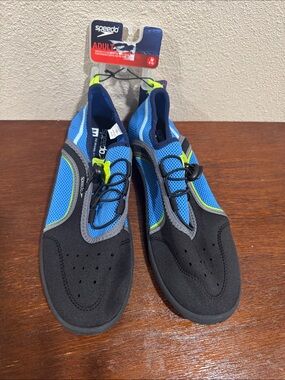 Speedo Men's Blue and Black Water Shoes with Neon Yellow Accents